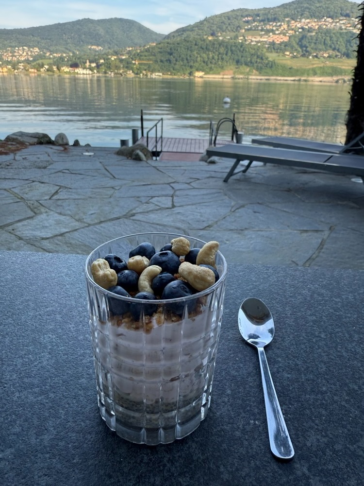 Skyr with blueberries and cashews by a lake